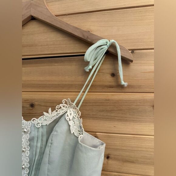 Vintage Size Small Baby Blue Lace Tiered Tie Strap Coquette Prairie Maxi Dress - Picture 7 of 14